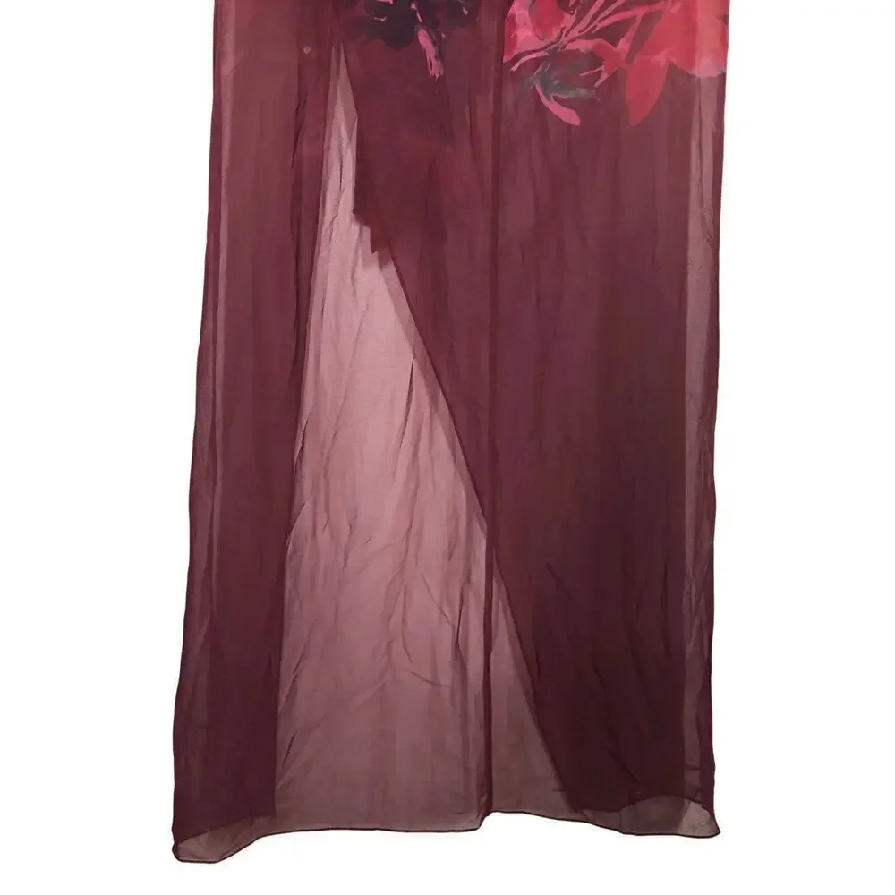 Badgley Mischka Strapless Dress Floral Print Bow Sweetheart Neck Maxi Gown Red 8